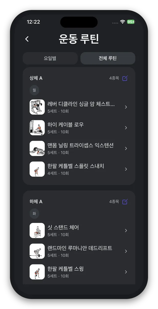 한 주 운동이 요일별로 짜여 있는 화면